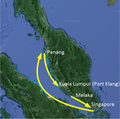 NY Sale: Melaka-Singapore-Penang-Port klang (One Way) Routes Map