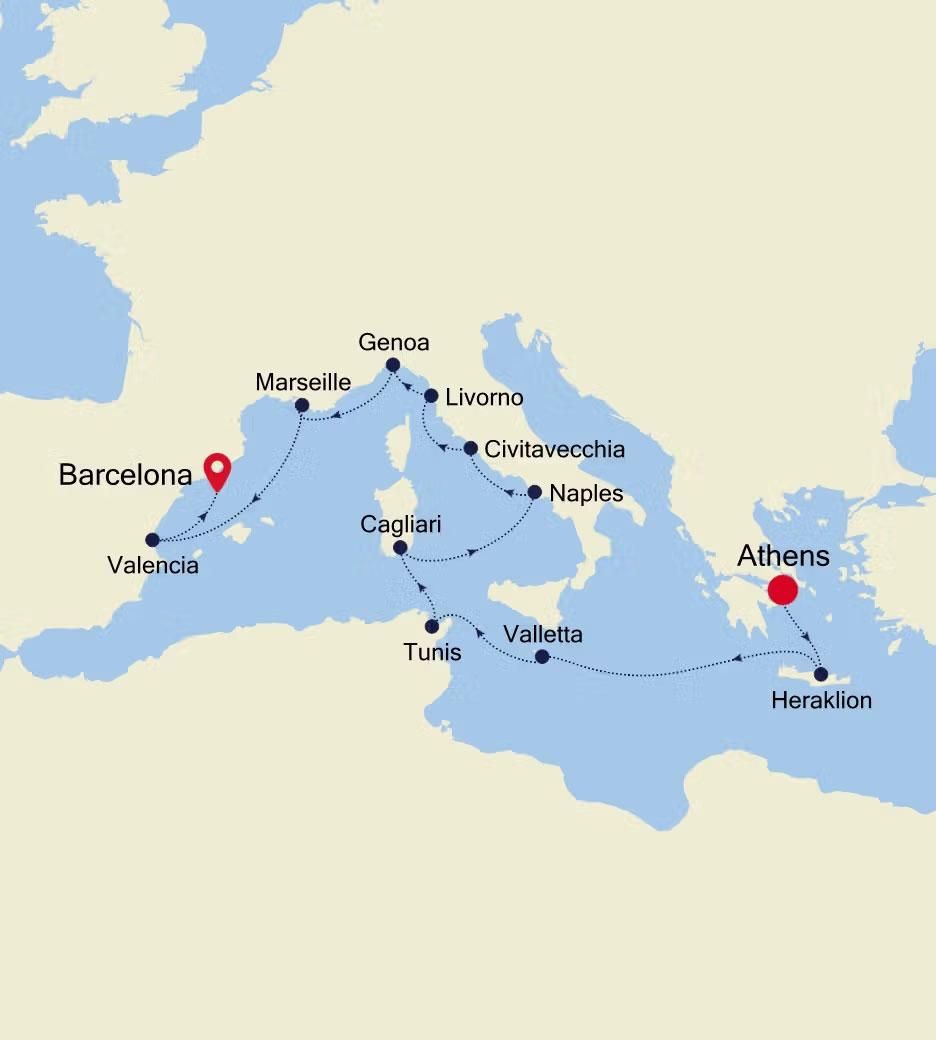 Athens (Piraeus) to Barcelona Routes Map