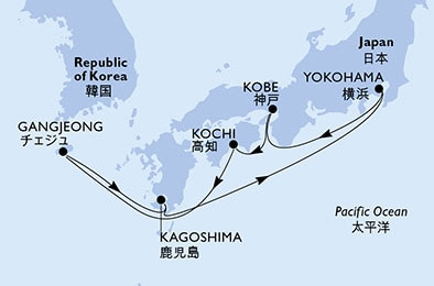 7 Nights Yokohama-Jeju Island-Yokohama Routes Map