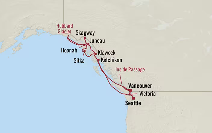 Alaska Midnight Sun Majesty: Vancouver to Seattle Routes Map