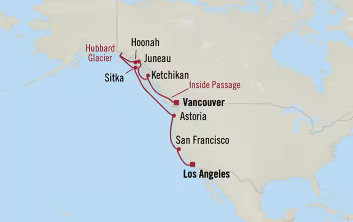 Fly Cruise + Alaska Gold Rush Trails: Los Angeles to Vancouver Routes Map