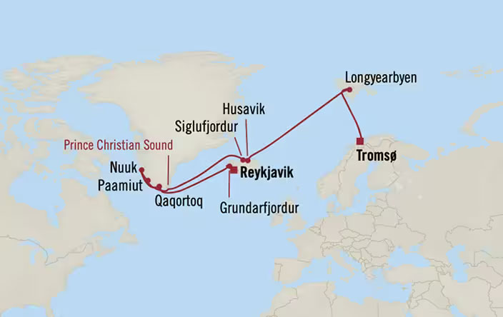 Glaciers & Greenland: Tromsø to Reykjavik&nbsp;Routes Map