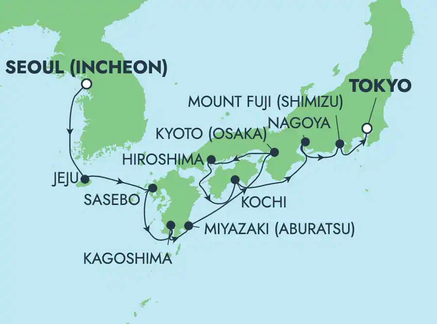 Asia: Osaka, Kochi, Jeju & Nagoya Routes Map