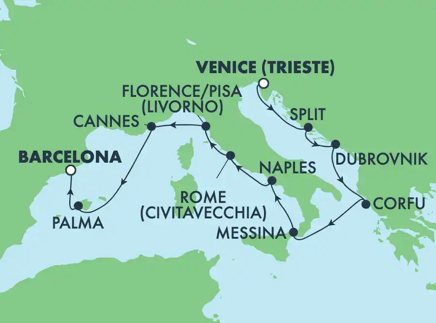 Mediterranean: Italy, Greece, & France from Venice Routes Map