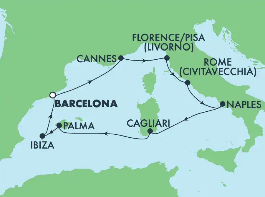 Escape Mediterranean: Italy, France & Spain from Barcelona Routes Map