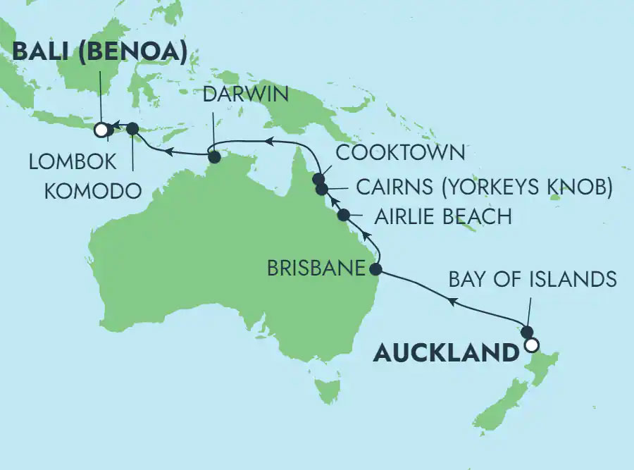 Australia: Brisbane, Komodo & Cairns from Auckland Routes Map