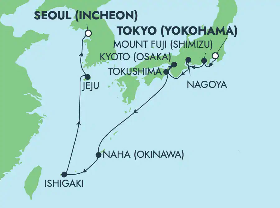 Asia: Osaka, Jeju & Nagoya from Tokyo Routes Map