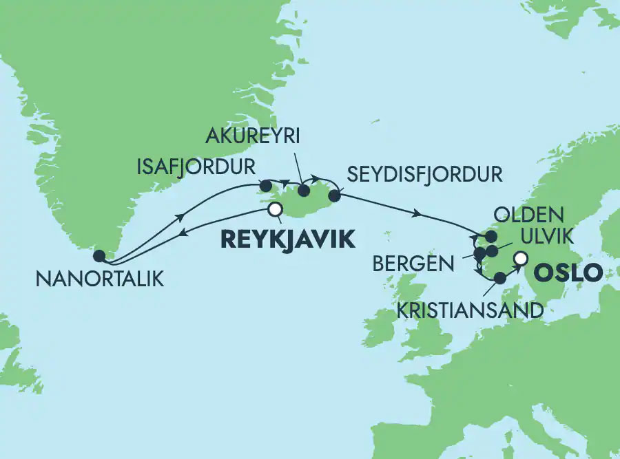 Iceland & Greenland from Reykjavik Routes Map