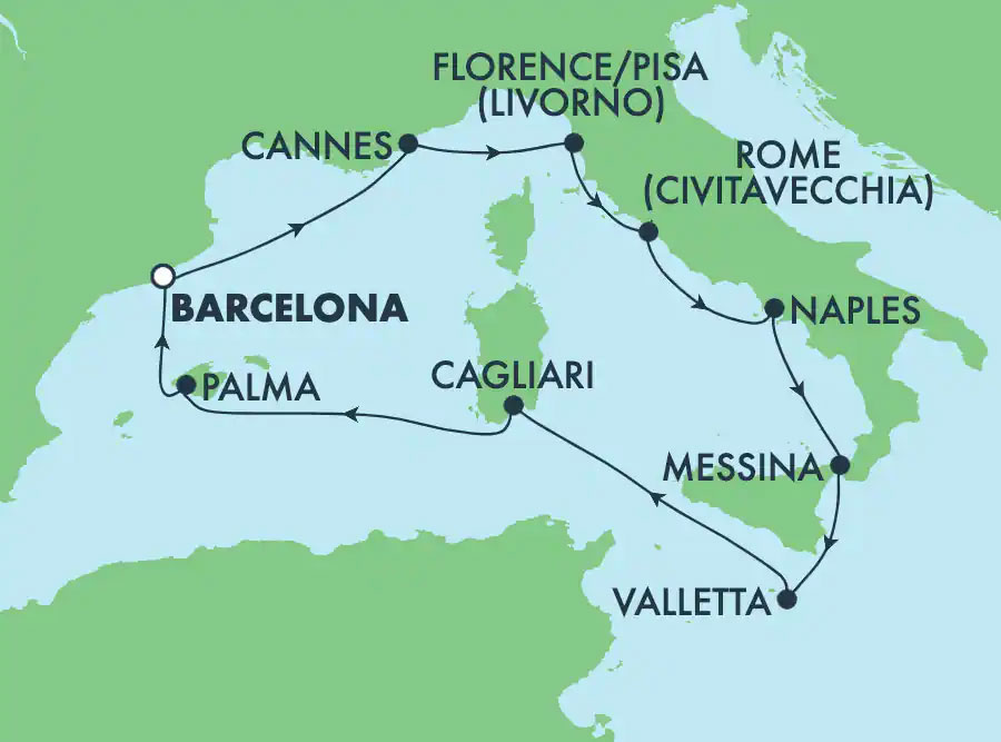 Mediterranean: Italy, France & Spain from Barcelona Routes Map