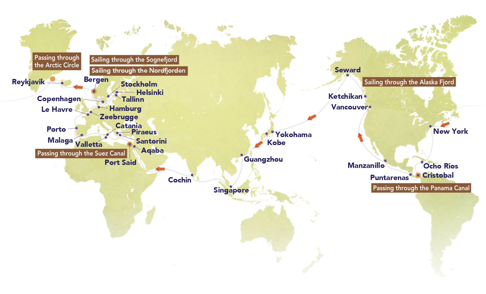 120th Global Voyage: 98 Days Singapore - Yokohama Routes Map