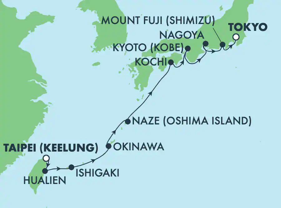 Asia: Kochi, Nagoya & Mt. Fuji from Taipei Routes Map