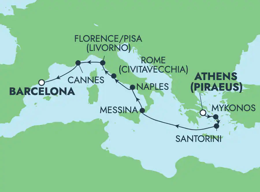 Mediterranean: Santorini, Naples & Mykonos from Athens Routes Map