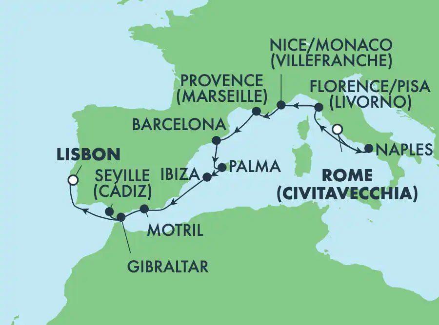 Western Mediterranean: Italy, France, Spain & Portugal from Rome Routes Map