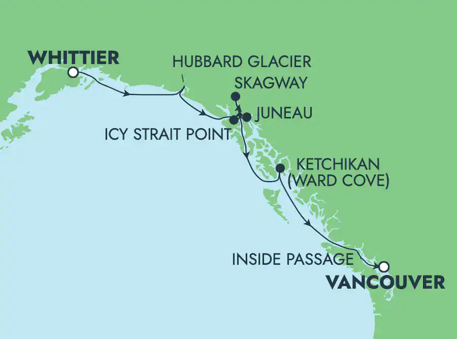 Alaska: Hubbard Glacier, Skagway & Juneau from Whittier Routes Map