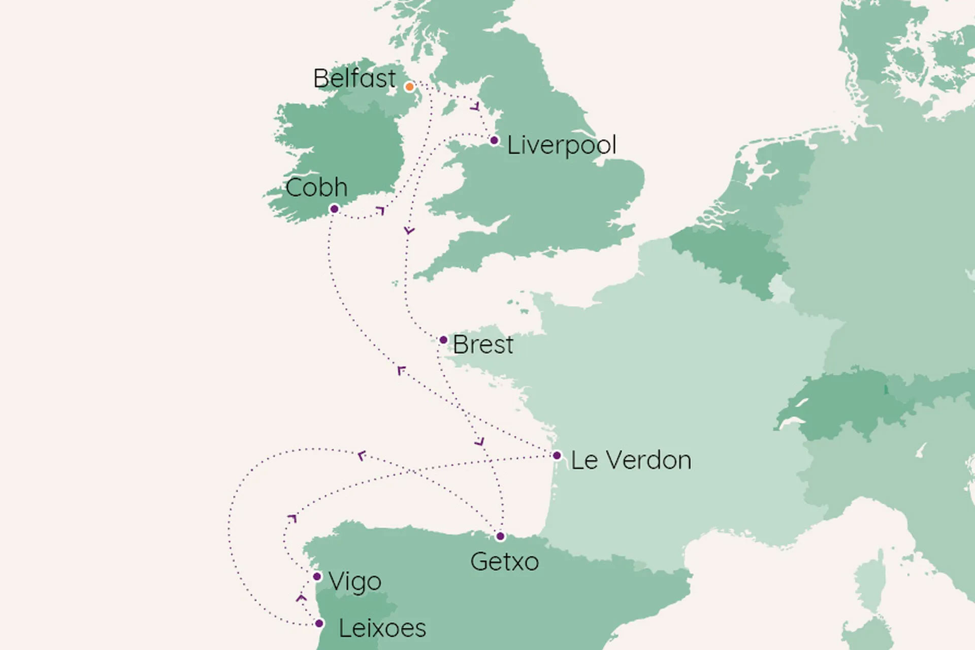 Gateways to Iberia, France, and Ireland from Belfast Routes Map
