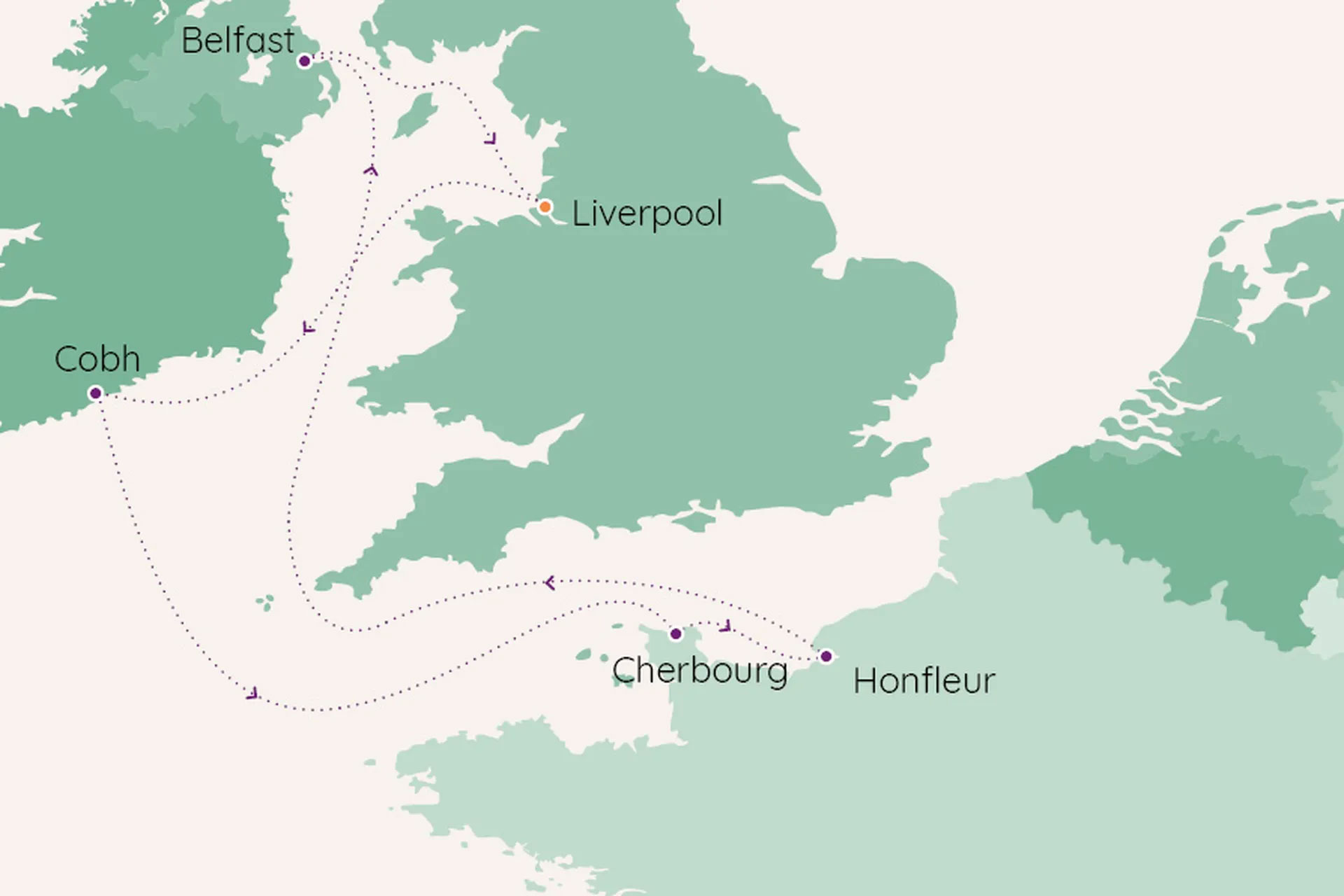 Ireland and Normandy Experience from Liverpool Routes Map