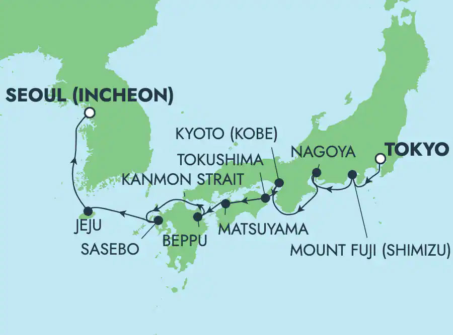 Asia: Kobe, Jeju, Nagoya & Mt. Fuji from Tokyo Routes Map