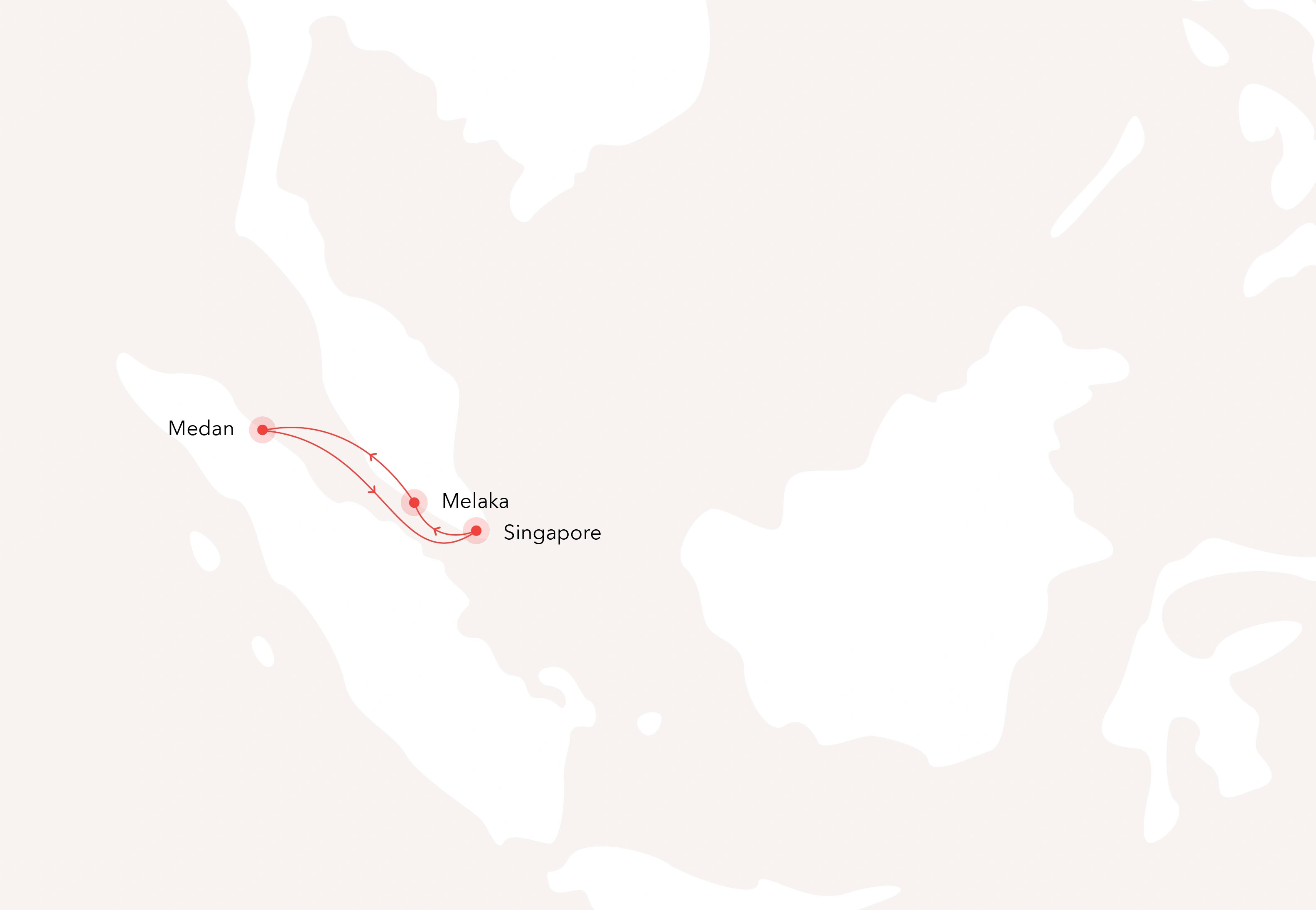 3 Nights: Melaka – Medan – Singapore – Melaka Routes Map
