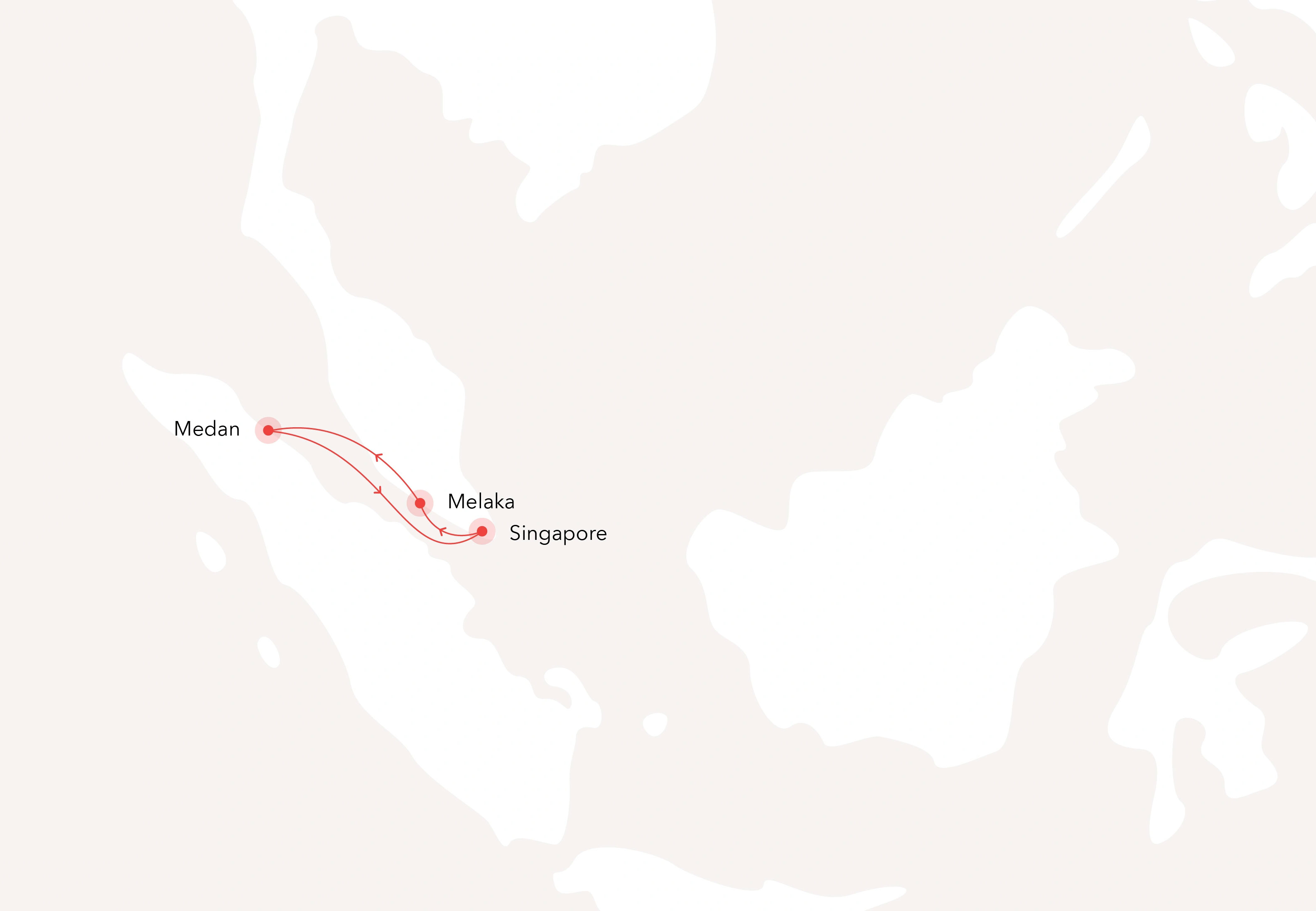 3 Nights: Singapore – Melaka - Medan – Singapore Routes Map