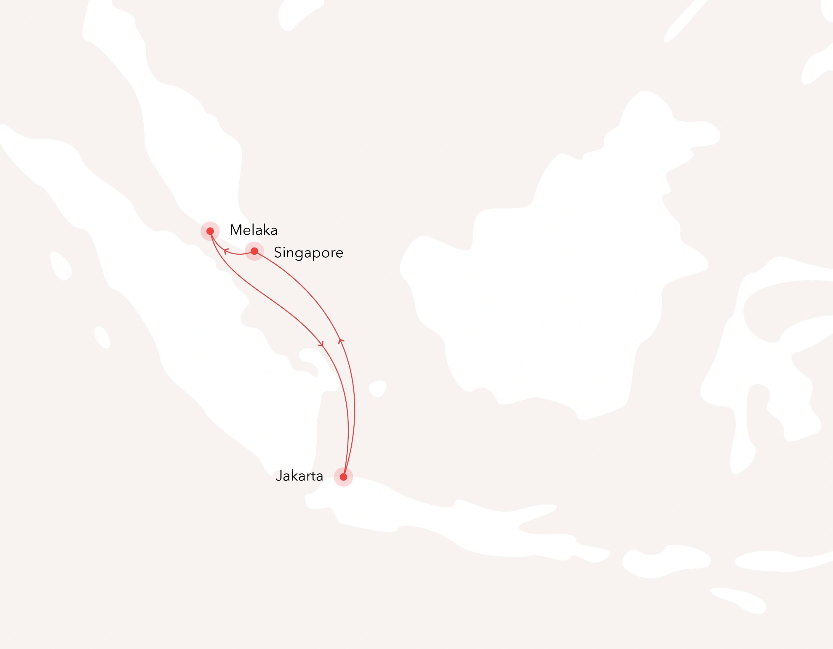 5 Nights: Melaka - At Sea - Jakarta - At Sea - Singapore - Melaka Routes Map