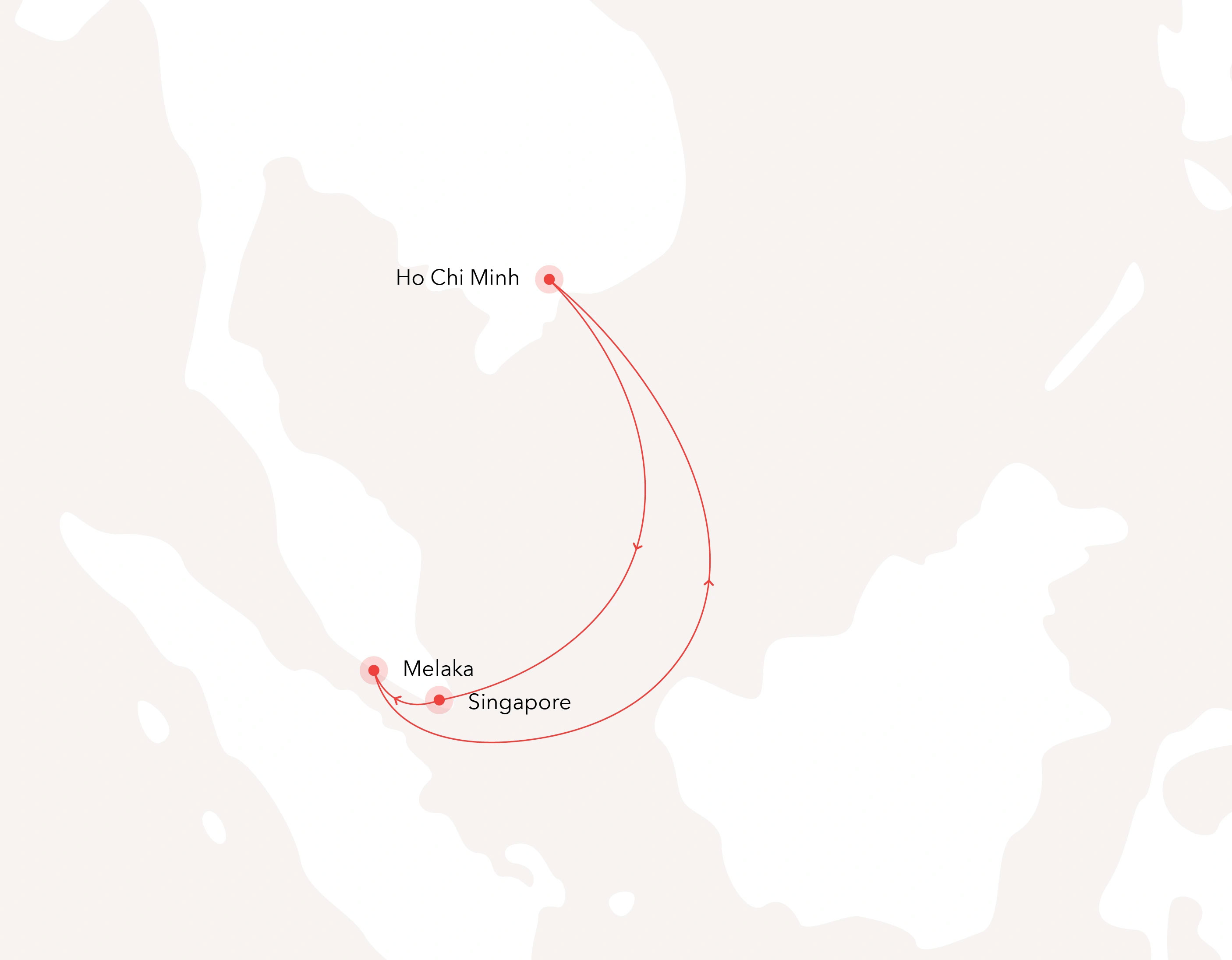 5 Nights: Melaka – High Sea – Ho Chi Minh (Phu My) – At Sea – Singapore - Melaka Routes Map