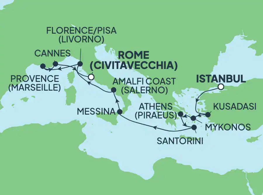 Greek Isles: Santorini, Athen & FlorencefromIstanbul, Turkey Routes Map